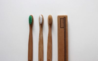 Trois brosses à dents en bambou et une boîte en carton sur fond blanc